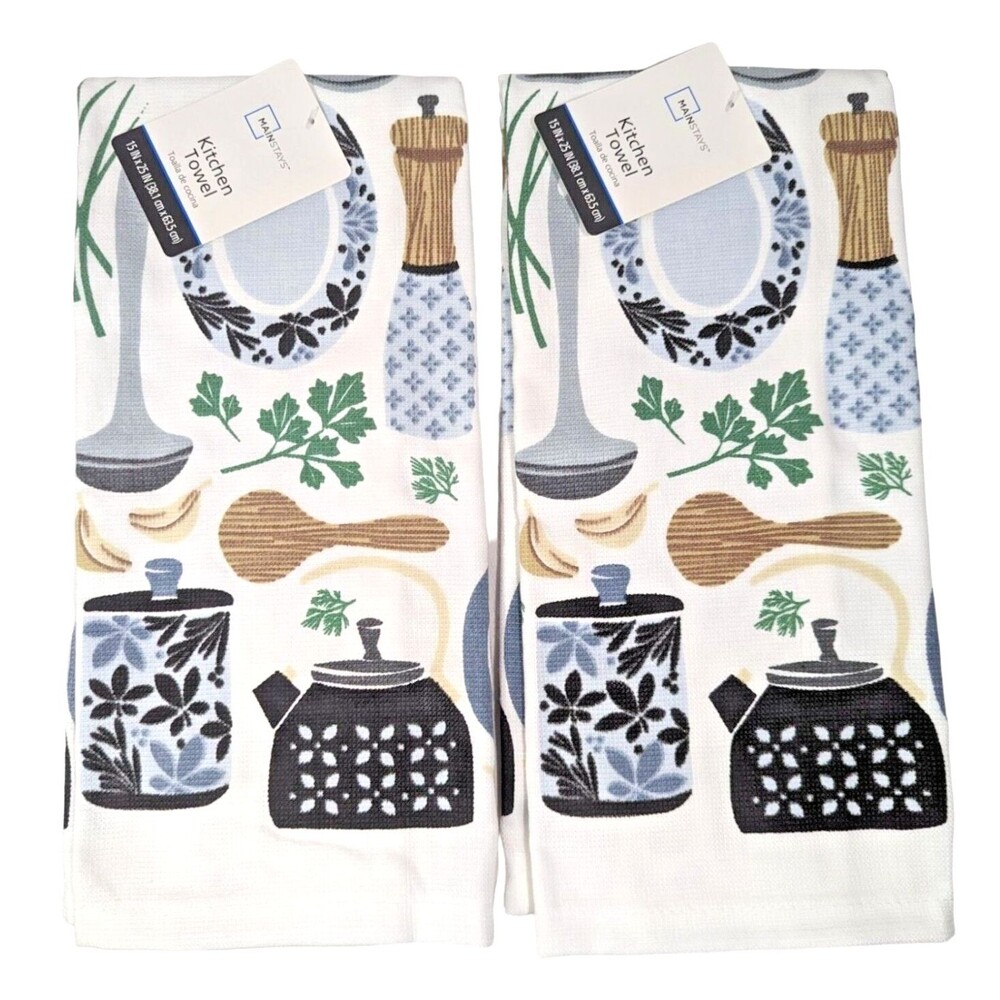 Kitchen Utensils Towels 2-Pc Pepper Mill Spoon Canister Teapot Blue on White NEW